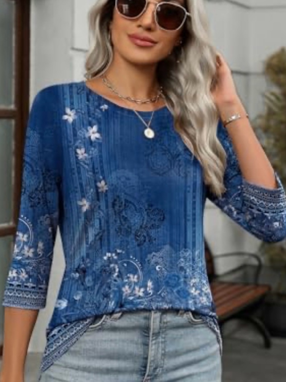 NWT Zeagoo 3/4 Sleeve Round Neck T Shirt Casual Top Blue Floral Size Medium